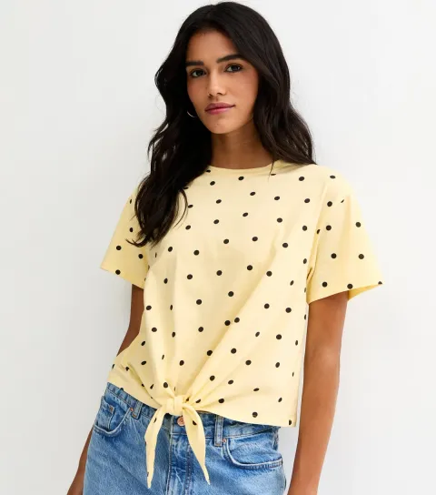 Women's Yellow Polka Dot Tie Front Top