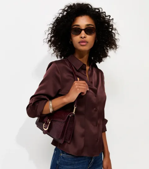 New Look Women's Dark Brown Fitted Waist Satin Shirt