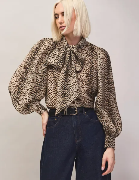 RO&ZO Lyocell Rich Animal Print Tie Neck Blouse Brown Mix