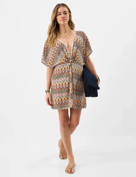 Accessorize Printed V-Neck Mini Beach Cover Up Kaftan Neutral