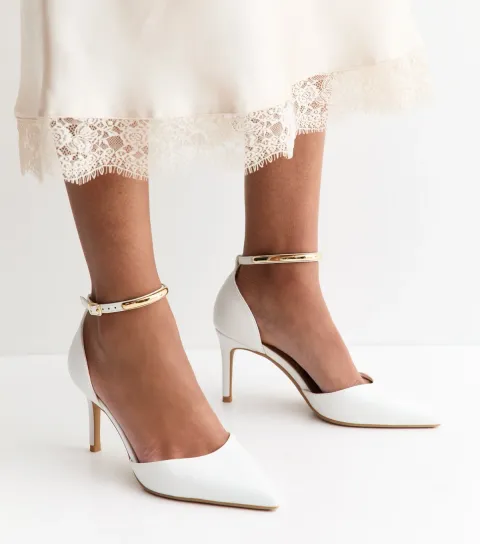 Women's White Faux Leather Gold Trim Pointed Pumps Vegan