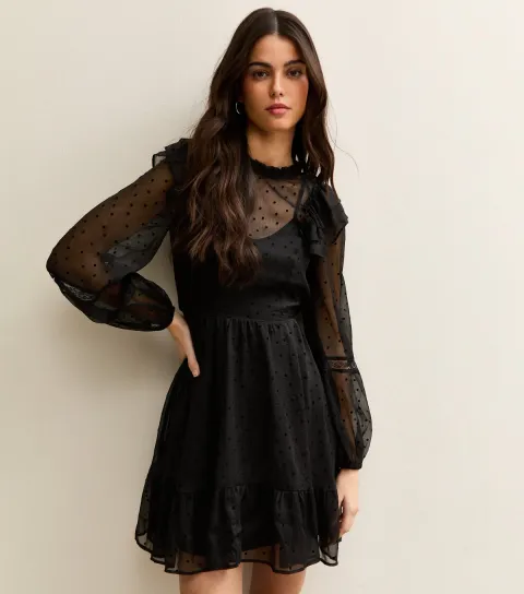 Women's Black Dobby Ruffle Long Sleeve Mini Dress