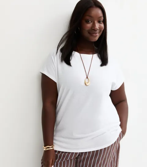 Women's Plus Size White Curved Hem T-Shirt Curves