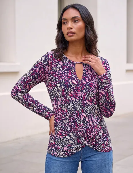 Roman Abstract Print Twist Hem Top Pink Mix