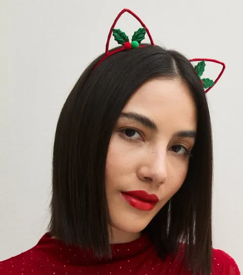 New Look Bright Red Christmas Holly Cat Ear Headband