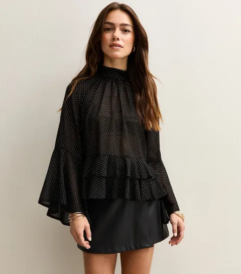 Women's Petite Black Metallic Jacquard Chiffon Blouse