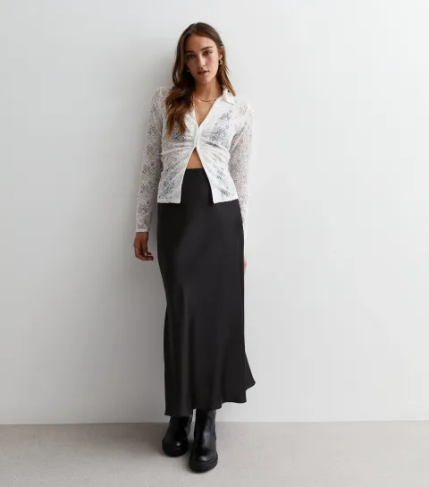New Look Women's Black Shine Satin Bias Cut Midi Skirt
