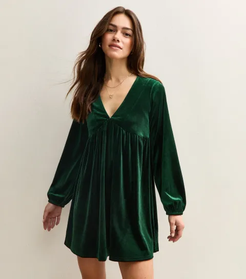Women's Petite Dark Green Velvet Smock Mini Dress