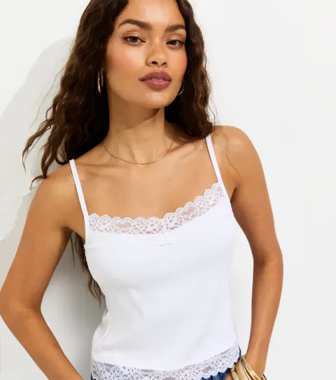 Women's Petite White Lace Trim Cami Top