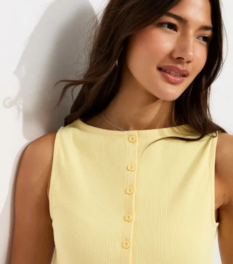 Women's Light Yellow Cotton Rich Button Through Tank Top