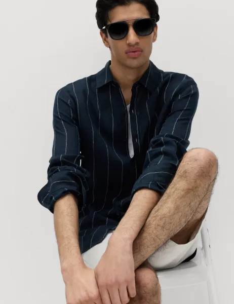 Marks & Spencer Regular Fit Pure Linen Striped Shirt Blue Mix