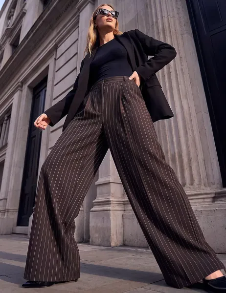 Roman Pinstripe Wide Leg Trousers Chocolate