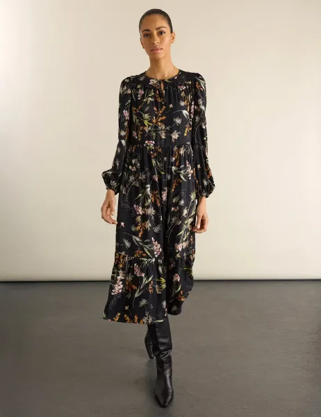 BAUKJEN Satin Floral Round Neck Midi Skater Dress Black
