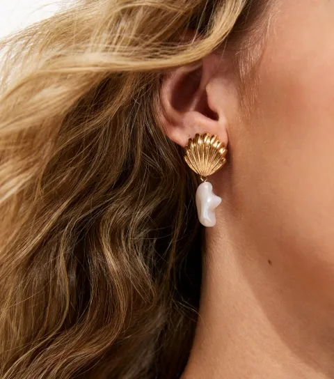 Gold Tone Faux Pearl Shell Drop Earrings