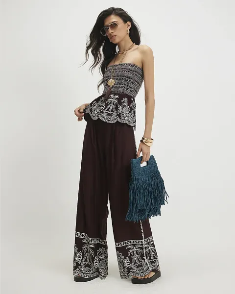 River Island Cotton Embroidered Hem Trousers