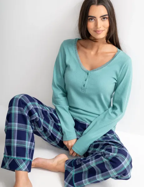 Pour Moi Ribbed Lace Trim Checked Pyjama Set Navy Mix