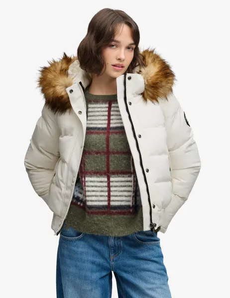 Superdry & Co Hooded Faux Fur Trim High Neck Bomber Jacket White
