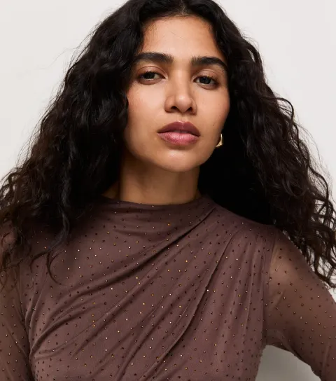 New Look Women's Dark Brown Embellished Draped Long Sleeve Bodysuit
