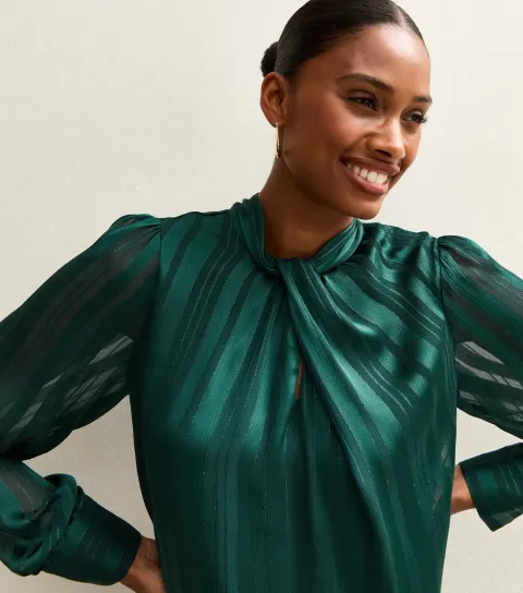 Women's Dark Green Metallic Stripe High Neck Blouse