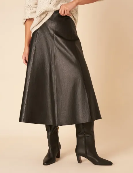 Nobody's Child Leather Midi A-Line Skirt Black