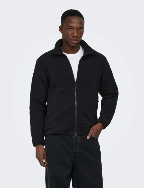 Only & Sons Fleece Zip Up Jacket Black
