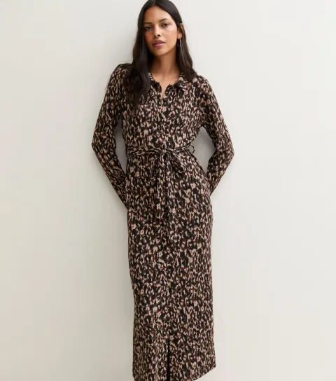 New Look Women's Brown Leopard Print Belted Shirt Midi Dress