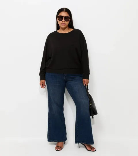 Women's Plus Size Black Soft Touch Ribbed Batwing Top Curves