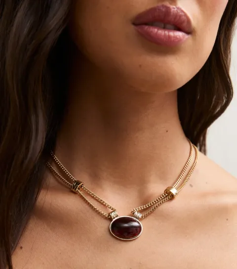 New Look Gold Tone Brown Oval Pendant Chain Necklace