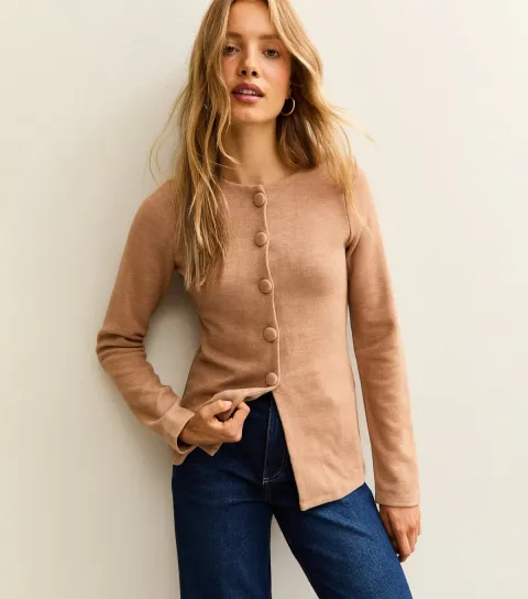 Women's Camel Soft Touch Split Hem Cardigan