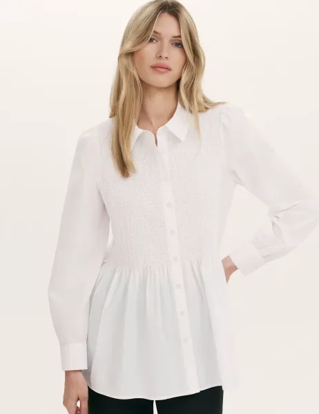 Finery London Pure Cotton Collared Shirred Detail Blouson Sleeve Shirt White