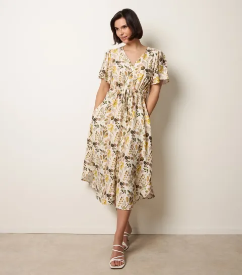 Women's Yellow Leaf Print V-Neck Midi Dress