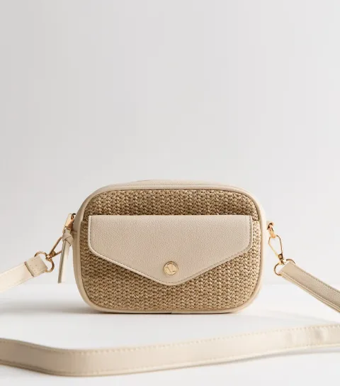 Cream Raffia Pocket Front Crossbody Bag