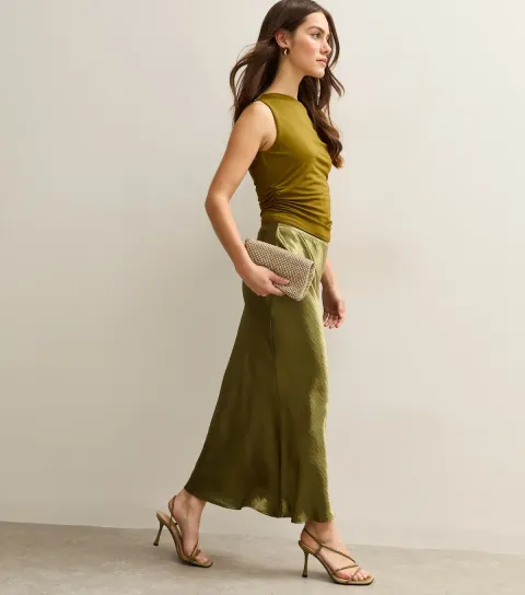 New Look Women's Petite Light Khaki Textured Satin Midi Skirt