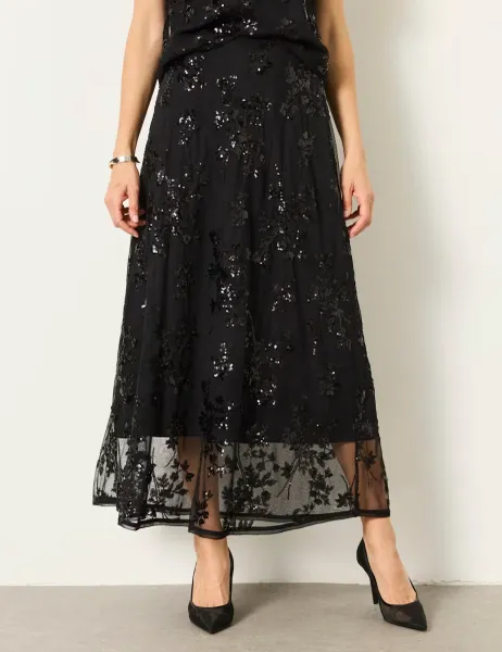 FatFace Sequin Embellished Midi A-Line Skirt Black