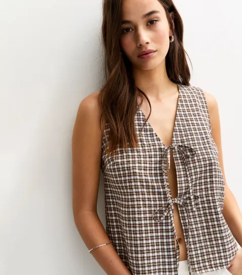 Women's Black Textured Check Pattern Tie Front Top