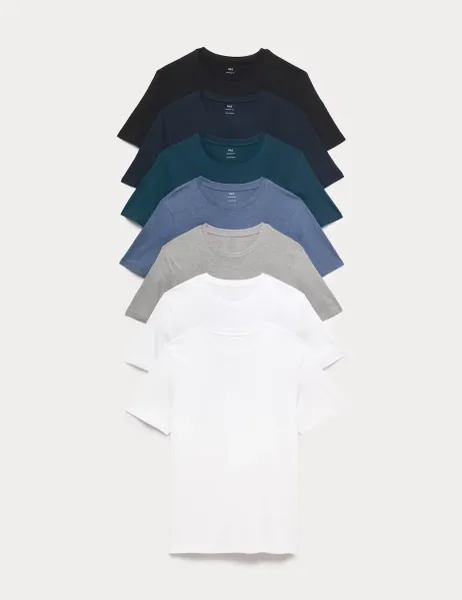 Marks & Spencer 7 Pack Pure Cotton Crew Neck T-Shirts White Mix