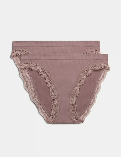 Marks & Spencer 2 Pack Jasmine Lace Seamless High Leg Knickers Praline