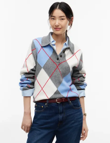 Tommy Hilfiger Cotton Blend Argyle Polo Jumper Grey Mix