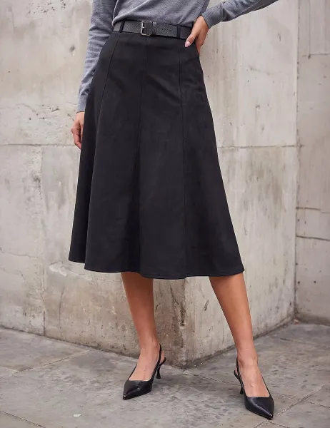Roman Belted Suedette Midi Skirt Black Mix