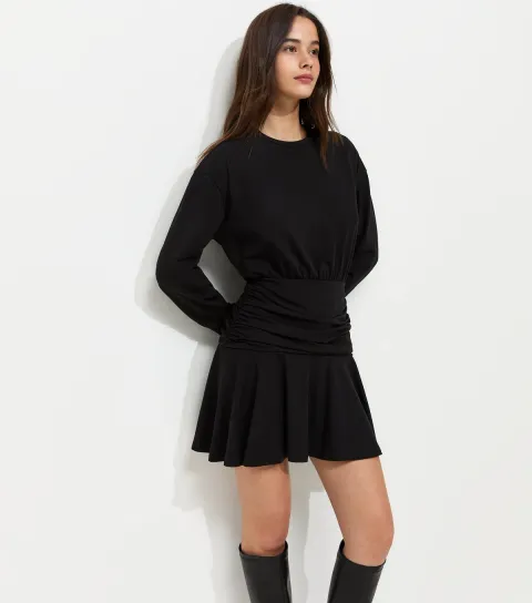 Women's Black Long Sleeve Jersey Ruched Waist Mini Dress