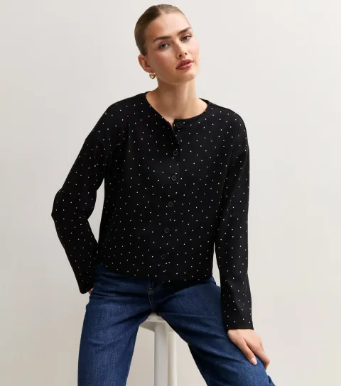New Look Women's Black Polka Dot Button Through Long Sleeve Tee