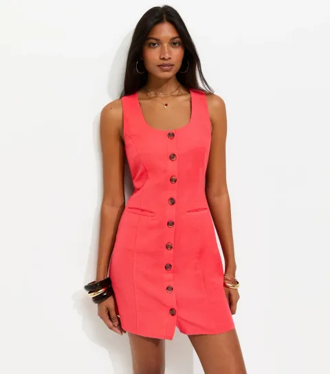 Women's Dark Coral Cotton Button Through Mini Dress