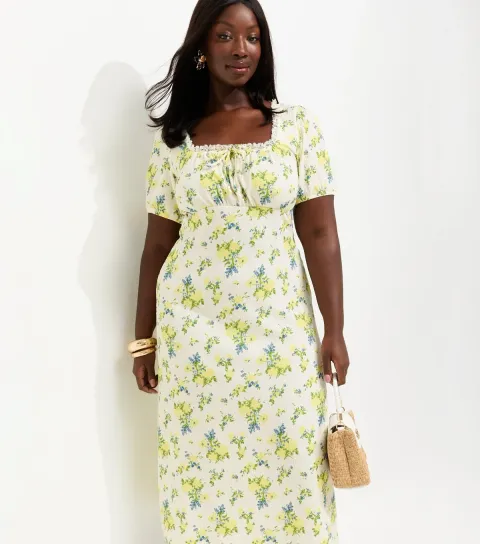Women's Plus Size Yellow Floral Print Milkmaid Lace Trim Midi Dress Curves