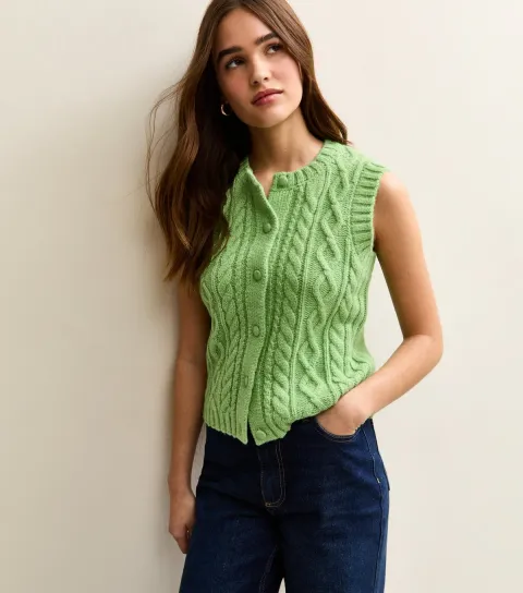 Women's Bright Green Crew Neck Cable Knit Waistcoat