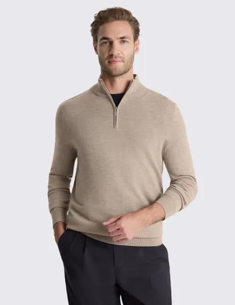 Moss Merino Wool Rich Half Zip Jumper Taupe