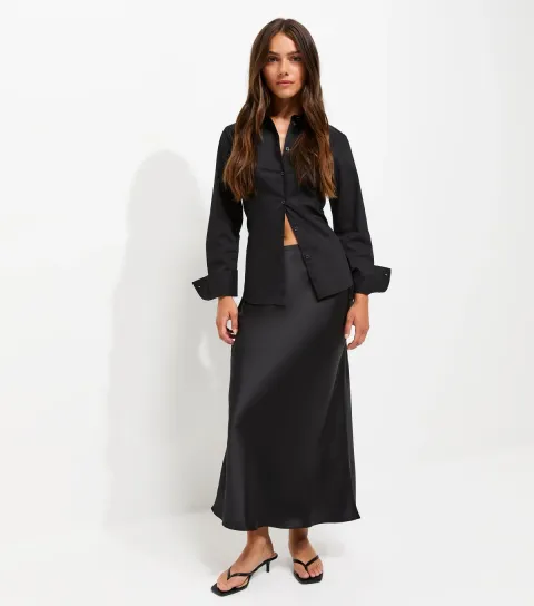 Women's Petite Black Satin Bias Cut Midi Skirt