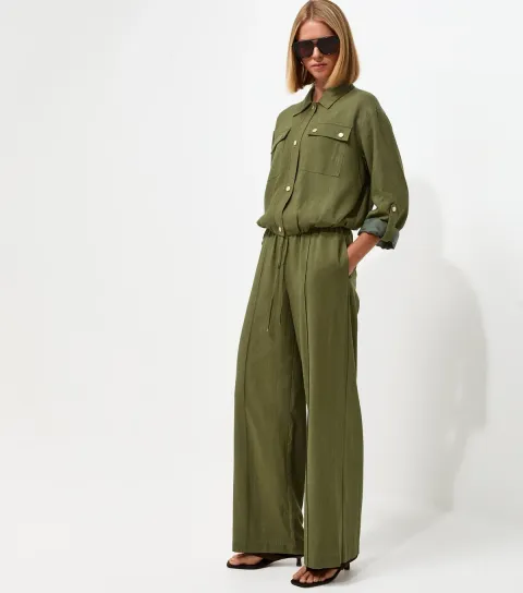 Women's Dark Khaki Woven Wide Leg Trousers