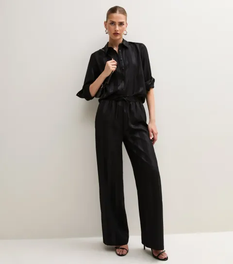 New Look Women's Black Satin Striped Wide Leg Trousers