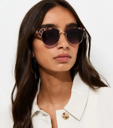Brown Patterned Round Frame Sunglasses