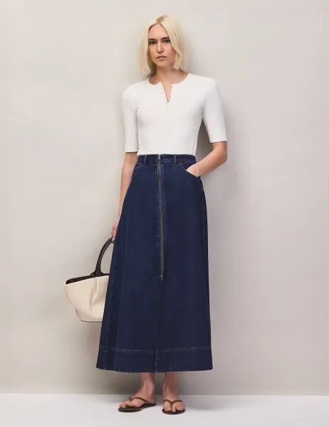 RO&ZO Denim Split Front Maxi Skirt Blue Denim